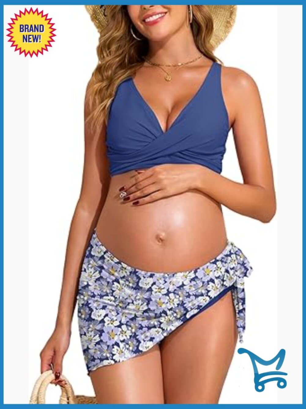 Maternity 3 Piece Swim Set Low Rise Bikini Criss Cross V Neck Sarong Cover Up